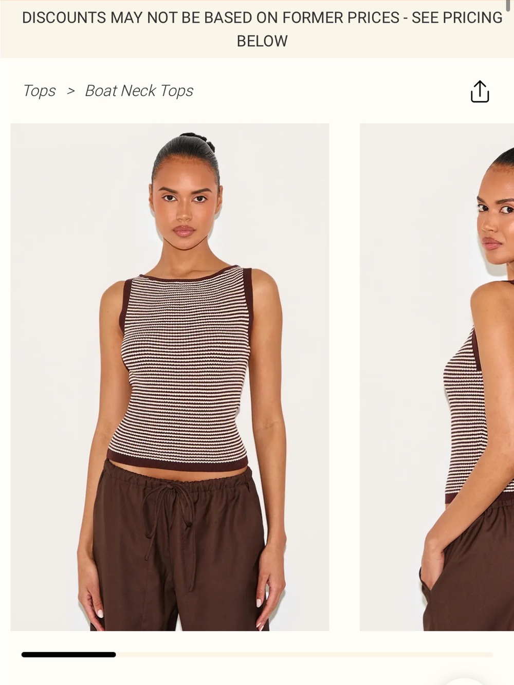 PrettyLittleThing Brown and White Striped Boat Neck Tank